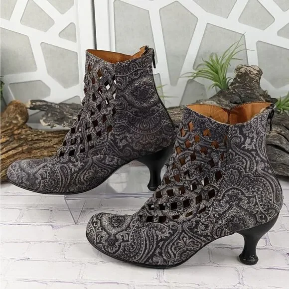 John Fluevog Bellevue DeVere Black Paisley Diamond Perforated Boot